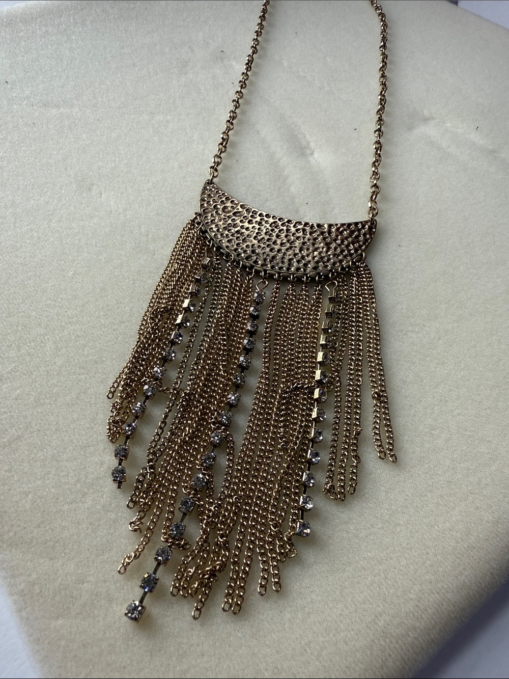 Gold Fringe Statement Necklace with Rhinestone Accents|20”